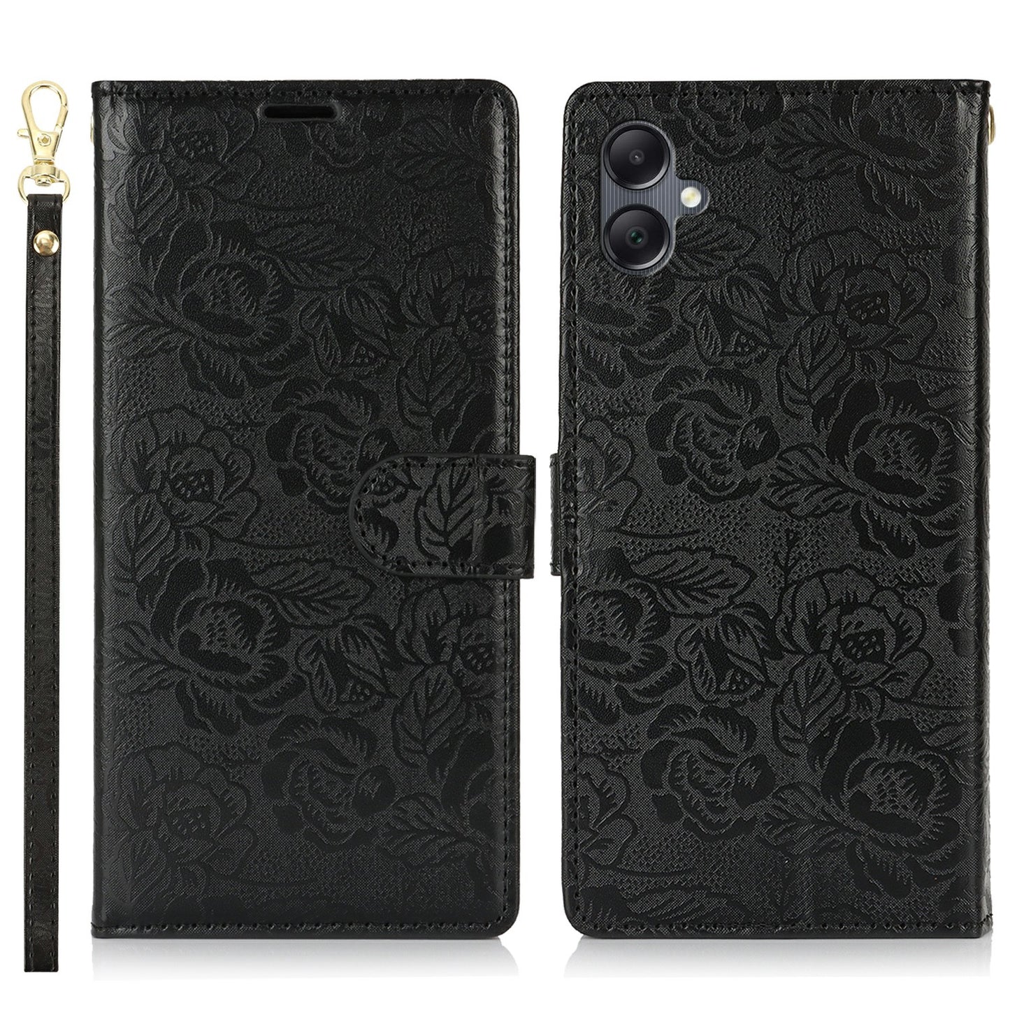 For Samsung Galaxy A06 Case with Hand Strap Flower Imprint Leather Wallet Phone Cover - Black