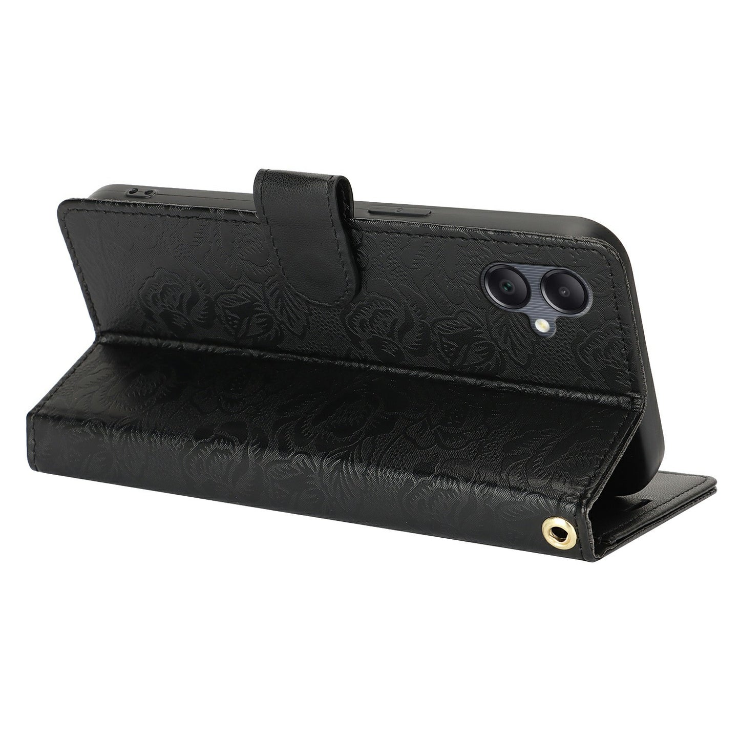 For Samsung Galaxy A06 Case with Hand Strap Flower Imprint Leather Wallet Phone Cover - Black