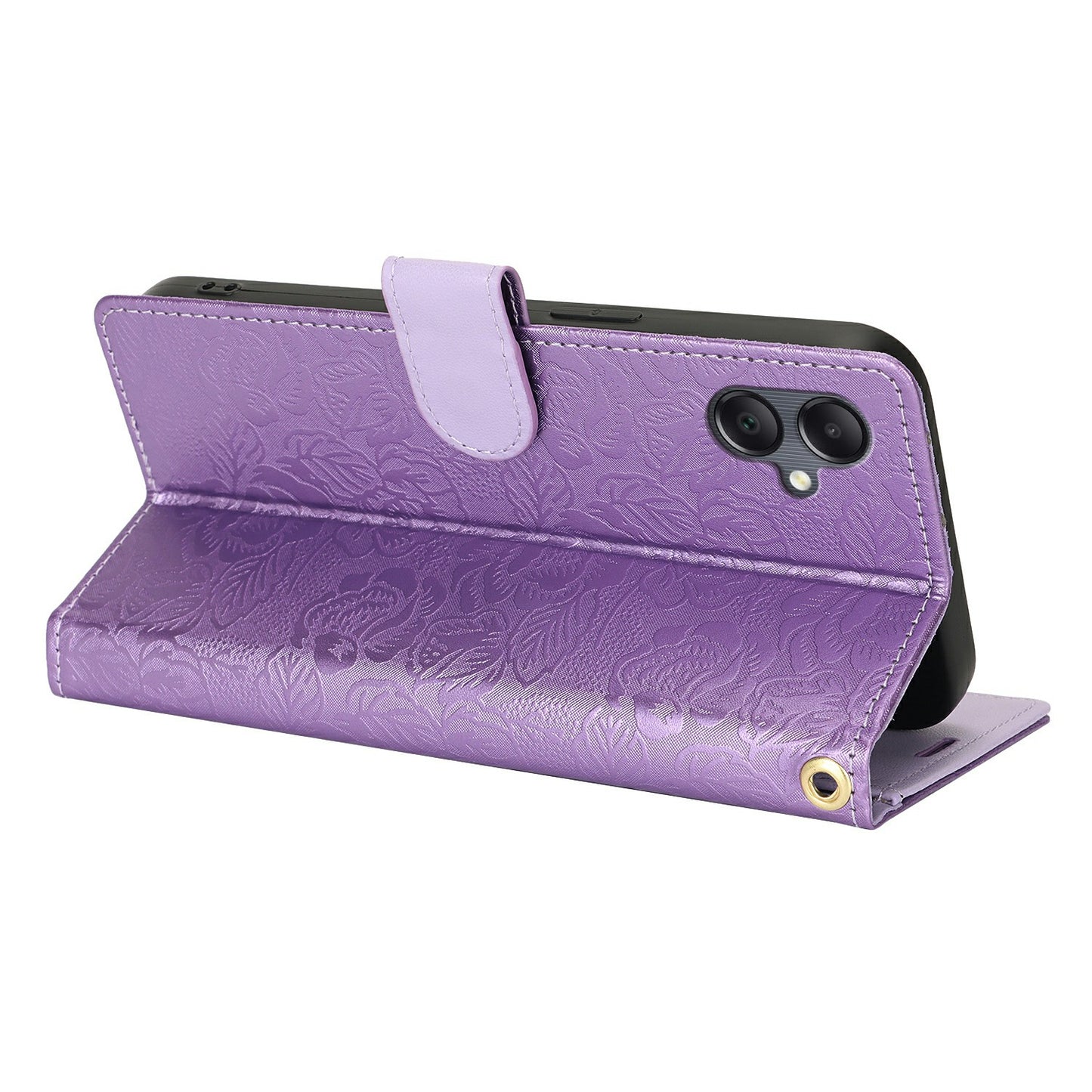 For Samsung Galaxy A06 Case with Hand Strap Flower Imprint Leather Wallet Phone Cover - Purple