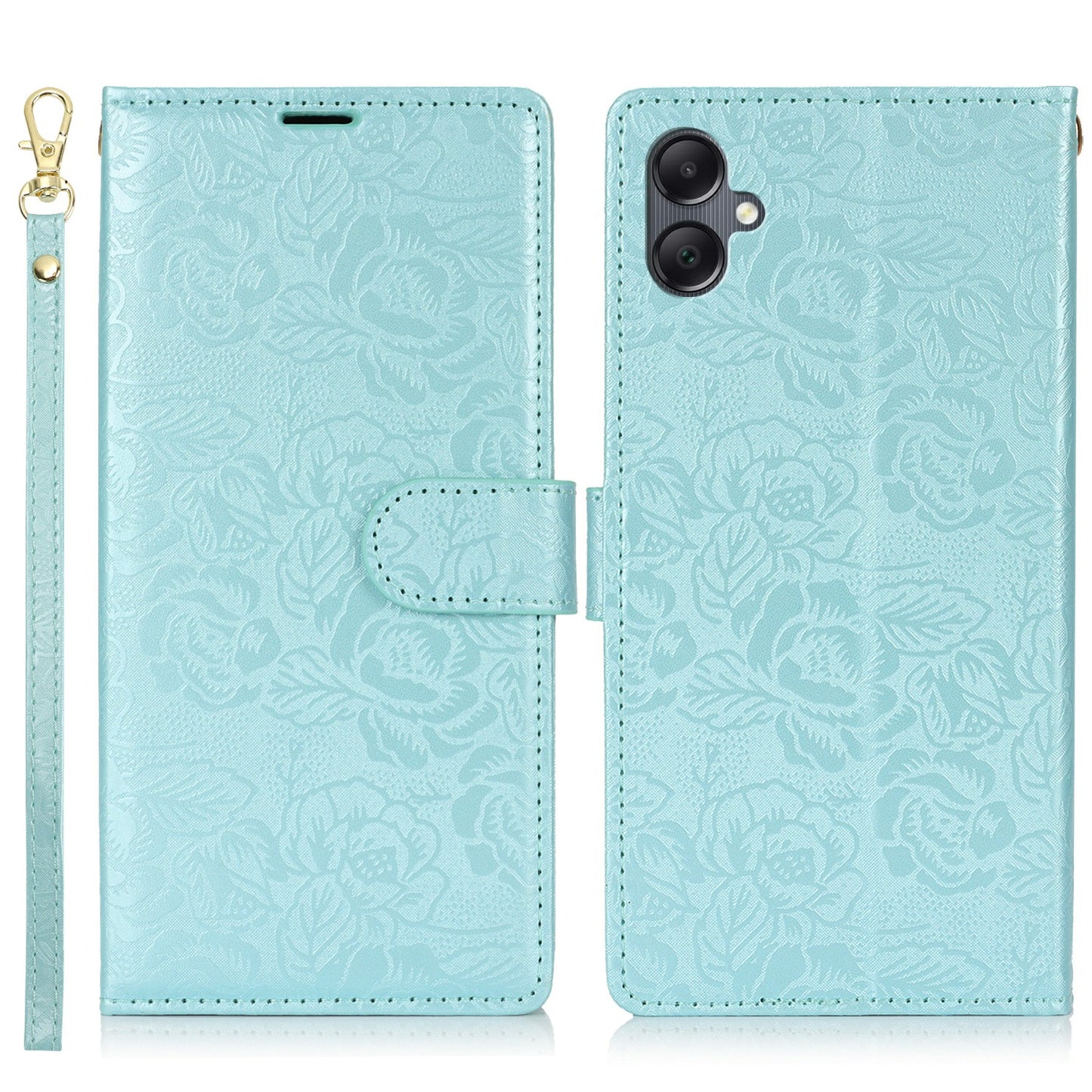 For Samsung Galaxy A06 Case with Hand Strap Flower Imprint Leather Wallet Phone Cover - Blue