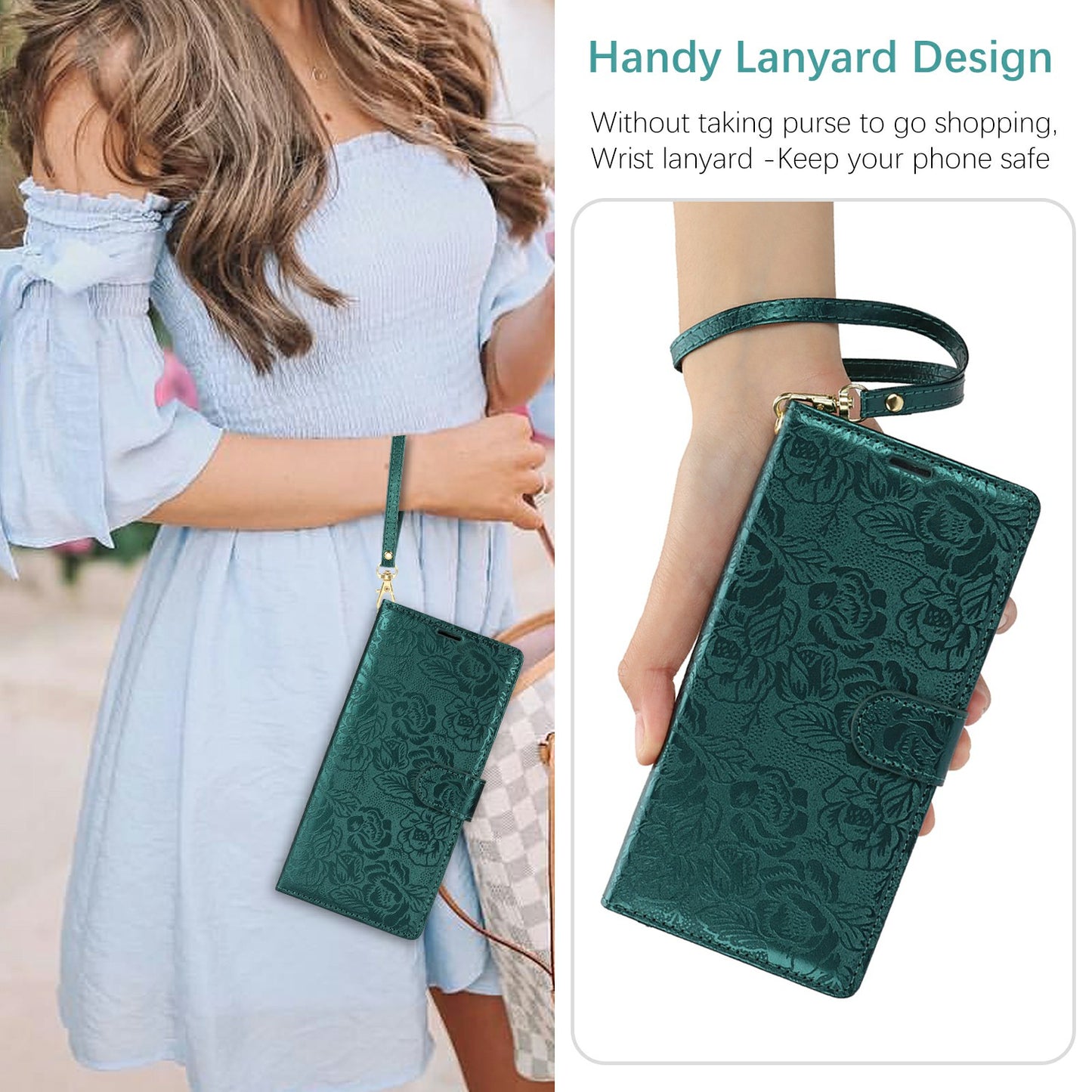 For Samsung Galaxy A16 4G / 5G Case with Hand Strap Flower Imprint Leather Wallet Phone Cover - Green