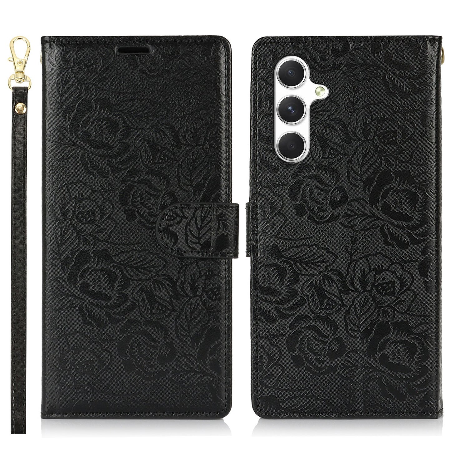 For Samsung Galaxy A16 4G / 5G Case with Hand Strap Flower Imprint Leather Wallet Phone Cover - Black