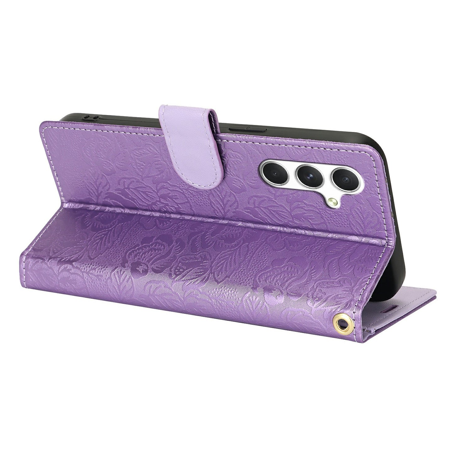 For Samsung Galaxy A16 4G / 5G Case with Hand Strap Flower Imprint Leather Wallet Phone Cover - Purple