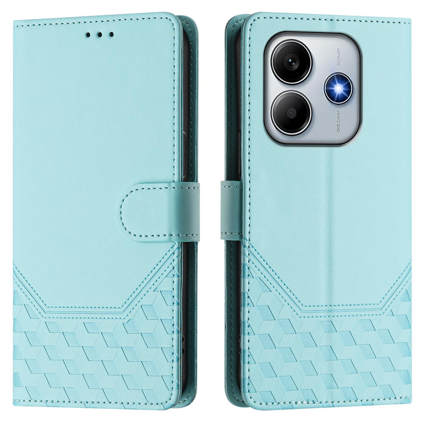 For Xiaomi Redmi Note 14 5G Case Imprinted Honeycomb RFID Blocking Leather Phone Cover with Strap - Mint Green
