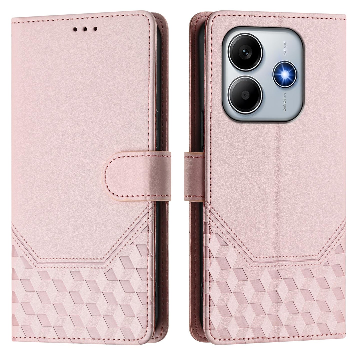 For Xiaomi Redmi Note 14 5G Case Imprinted Honeycomb RFID Blocking Leather Phone Cover with Strap - Pink