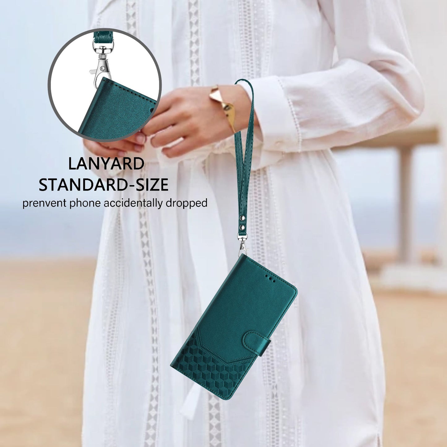 For Xiaomi Redmi Note 14 5G Case Imprinted Honeycomb RFID Blocking Leather Phone Cover with Strap - Green