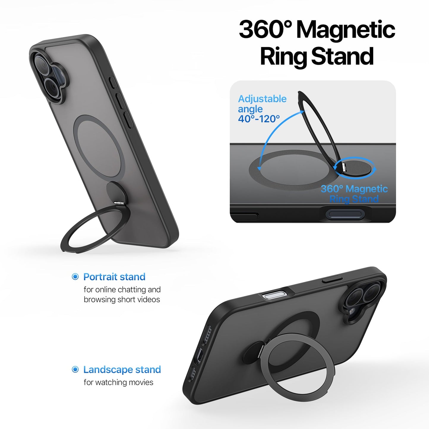 For iPhone 16 Plus Case DUX DUCIS Yind Series PC+TPU Phone Cover Compatible with MagSafe with Kickstand - Black
