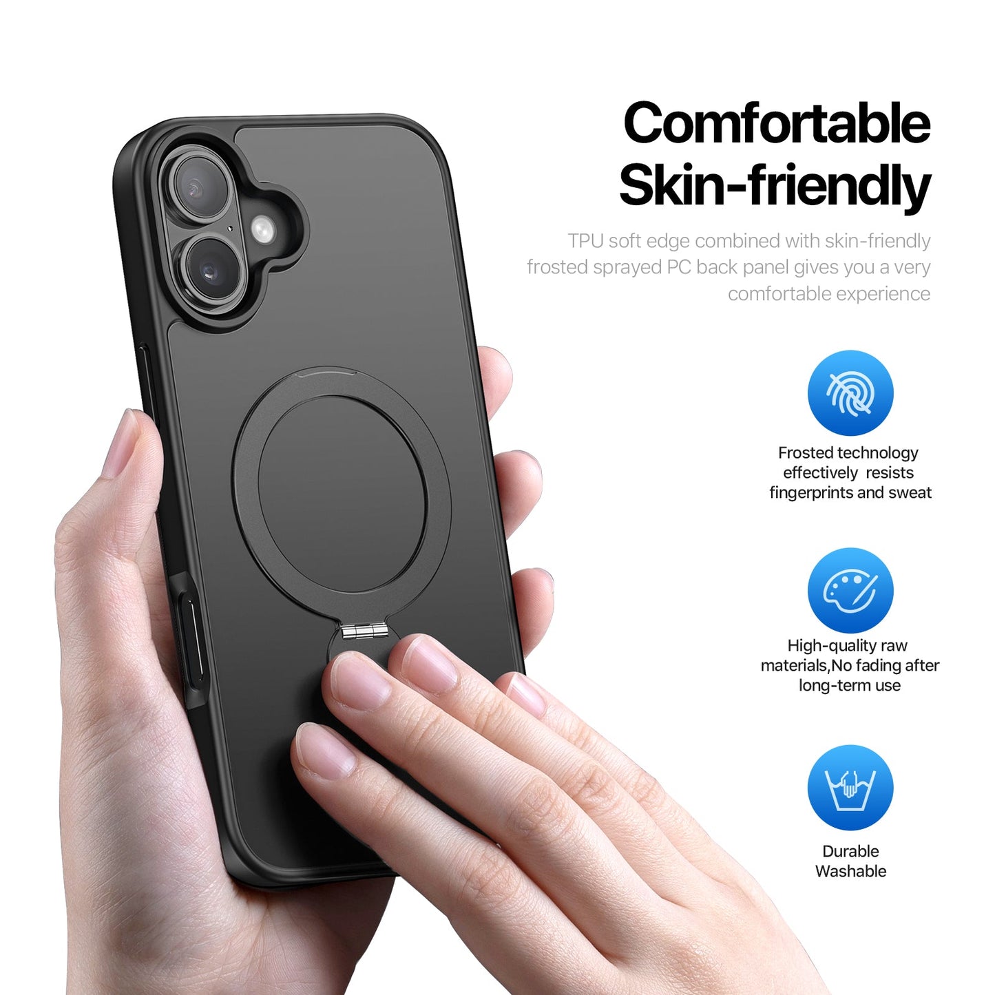 For iPhone 16 Plus Case DUX DUCIS Yind Series PC+TPU Phone Cover Compatible with MagSafe with Kickstand - Black