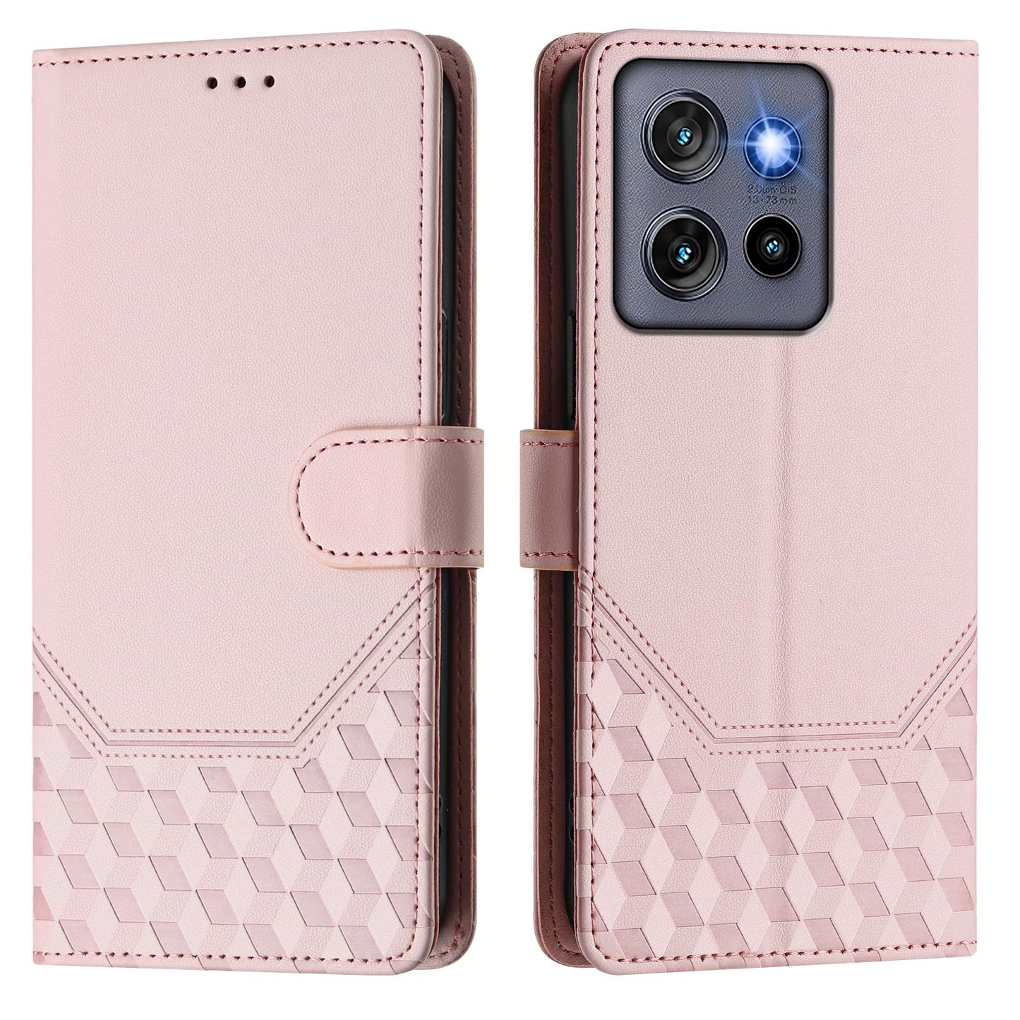 For Motorola Edge 50 Neo 5G / Moto S50 5G / Thinkphone 25 5G Case Imprinted Honeycomb RFID Blocking Leather Phone Cover with Strap - Pink