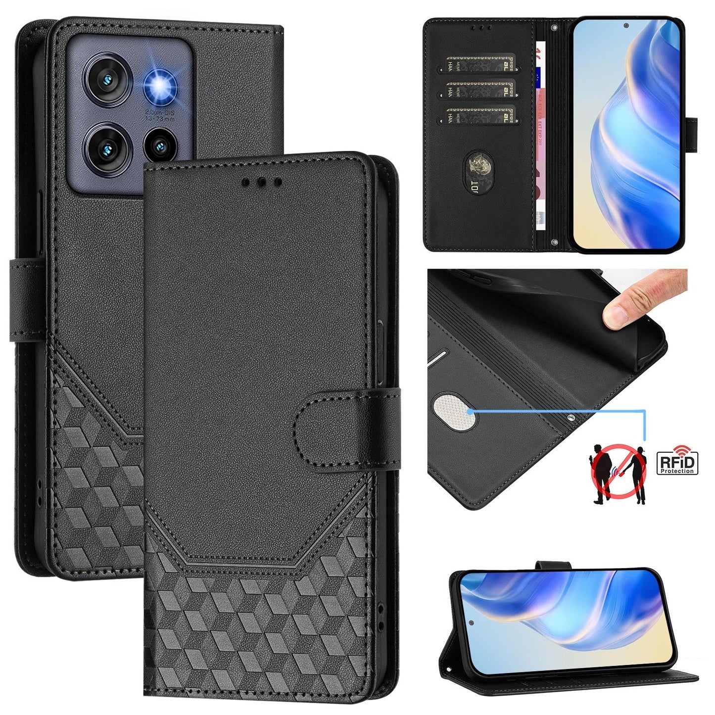 For Motorola Edge 50 Neo 5G / Moto S50 5G / Thinkphone 25 5G Case Imprinted Honeycomb RFID Blocking Leather Phone Cover with Strap - Black