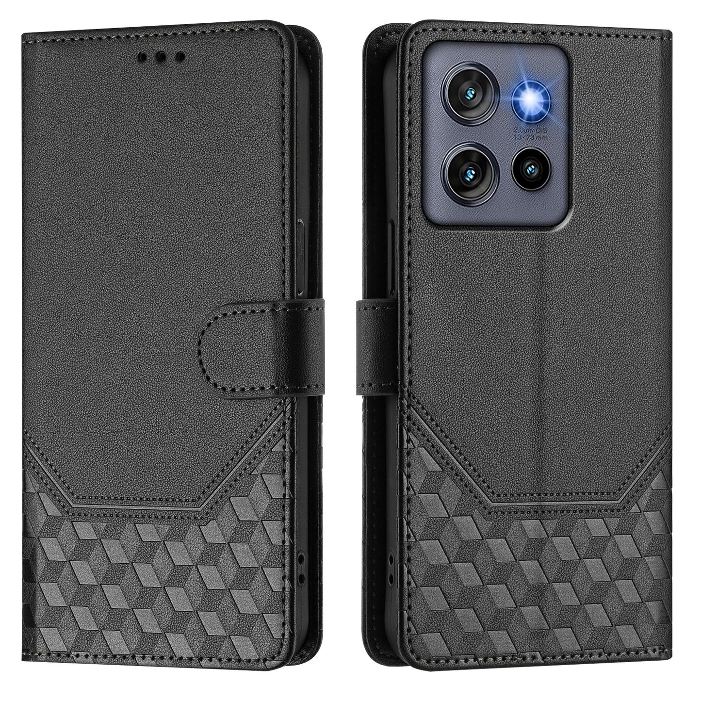 For Motorola Edge 50 Neo 5G / Moto S50 5G / Thinkphone 25 5G Case Imprinted Honeycomb RFID Blocking Leather Phone Cover with Strap - Black