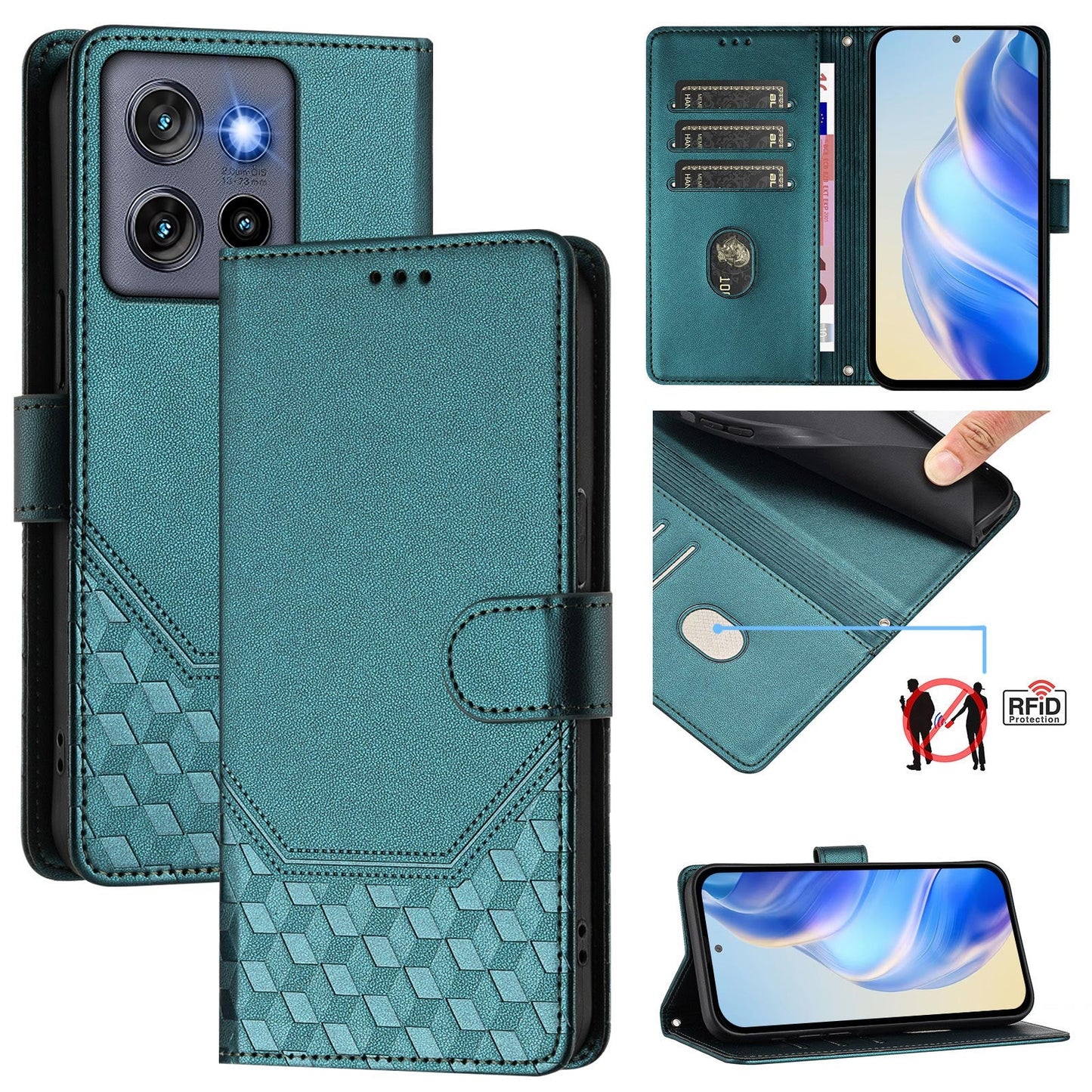 For Motorola Edge 50 Neo 5G / Moto S50 5G / Thinkphone 25 5G Case Imprinted Honeycomb RFID Blocking Leather Phone Cover with Strap - Green