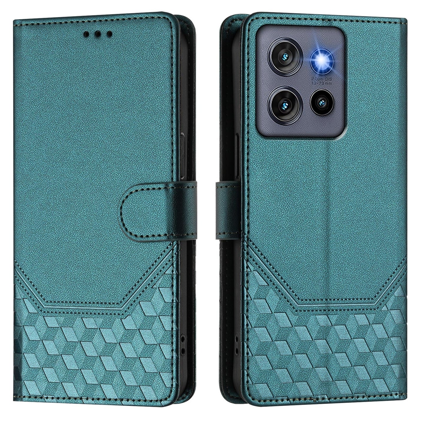 For Motorola Edge 50 Neo 5G / Moto S50 5G / Thinkphone 25 5G Case Imprinted Honeycomb RFID Blocking Leather Phone Cover with Strap - Green