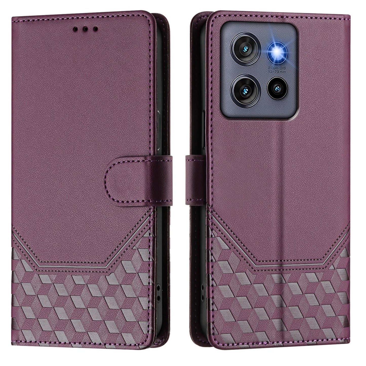For Motorola Edge 50 Neo 5G / Moto S50 5G / Thinkphone 25 5G Case Imprinted Honeycomb RFID Blocking Leather Phone Cover with Strap - Dark Purple