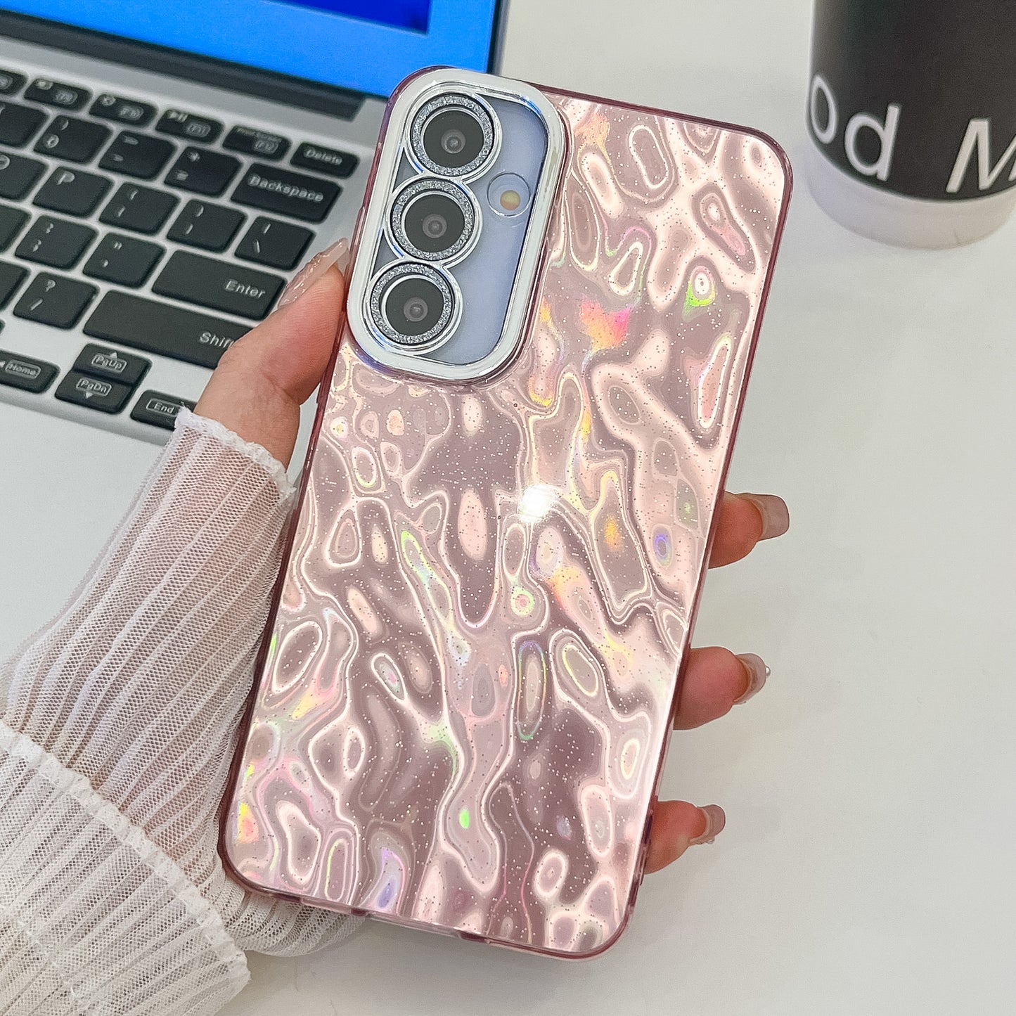 For Samsung Galaxy A16 4G / 5G Case IMD Design Shockproof PC+TPU Phone Cover with Glass Lens Film - Wrinkle Pattern / Pink