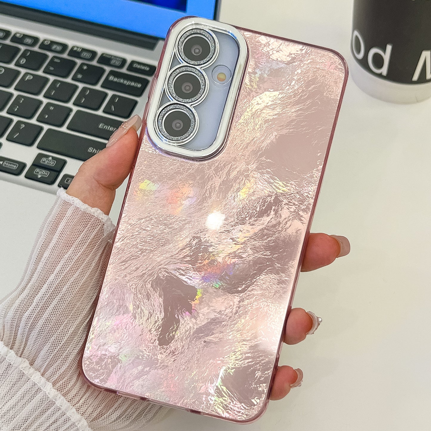For Samsung Galaxy A16 4G / 5G Case IMD Design Shockproof PC+TPU Phone Cover with Glass Lens Film - Foil Pattern / Pink