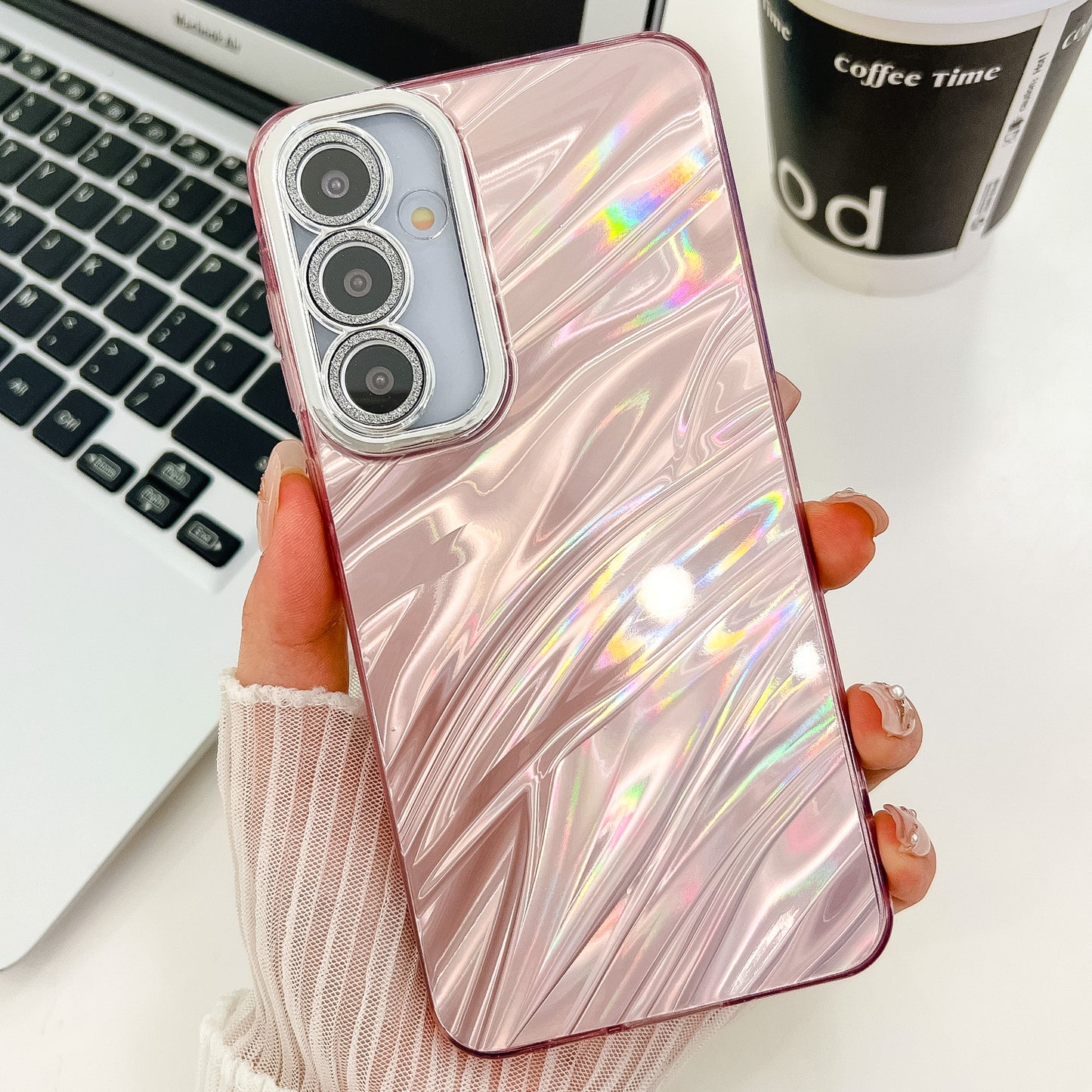 For Samsung Galaxy A16 4G / 5G Case IMD Design Shockproof PC+TPU Phone Cover with Glass Lens Film - Ripple Pattern / Pink