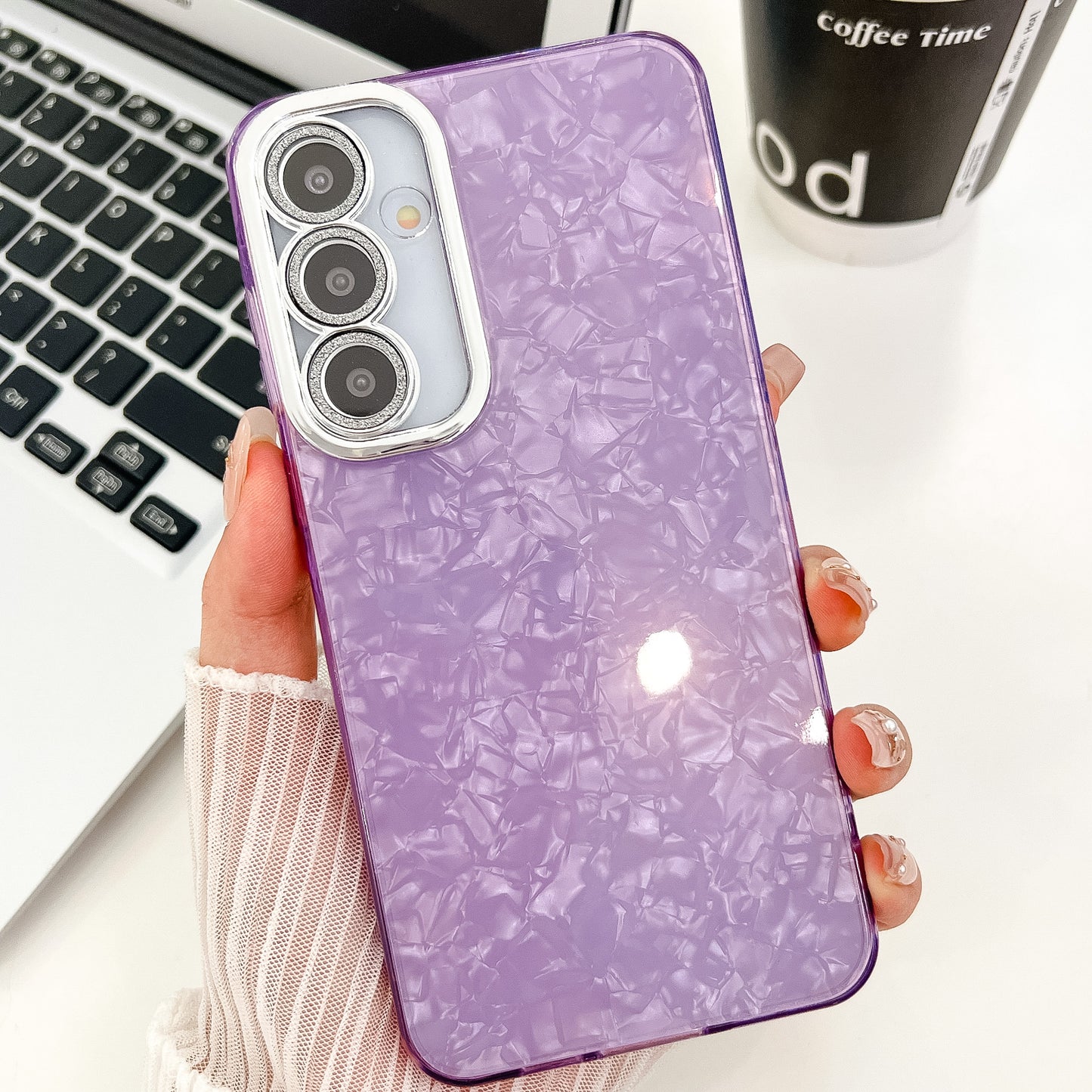 For Samsung Galaxy A16 4G / 5G Case IMD Design Shockproof PC+TPU Phone Cover with Glass Lens Film - Shell Pattern / Purple