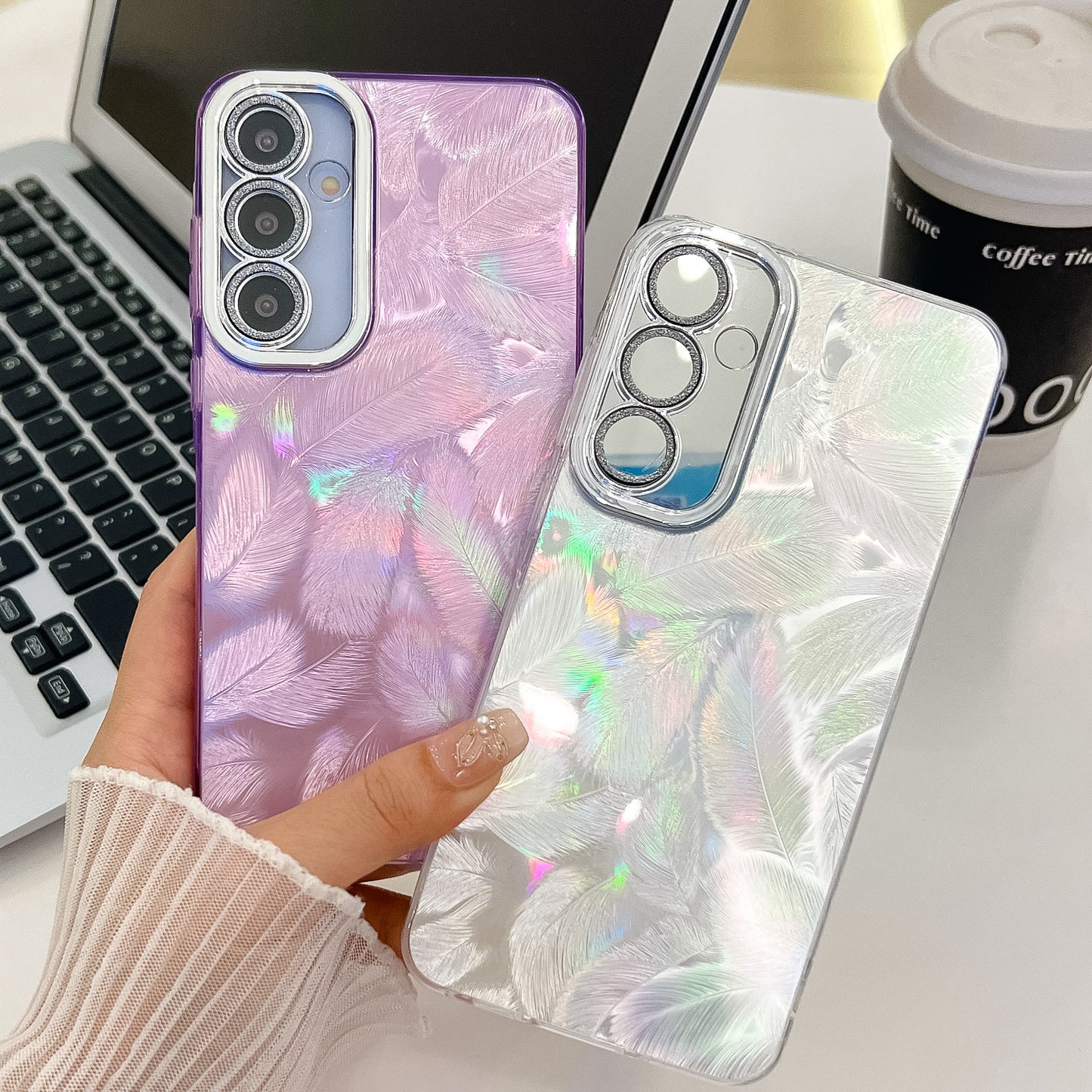 For Samsung Galaxy A16 4G / 5G Case IMD Design Shockproof PC+TPU Phone Cover with Glass Lens Film - Feather Pattern / Silver