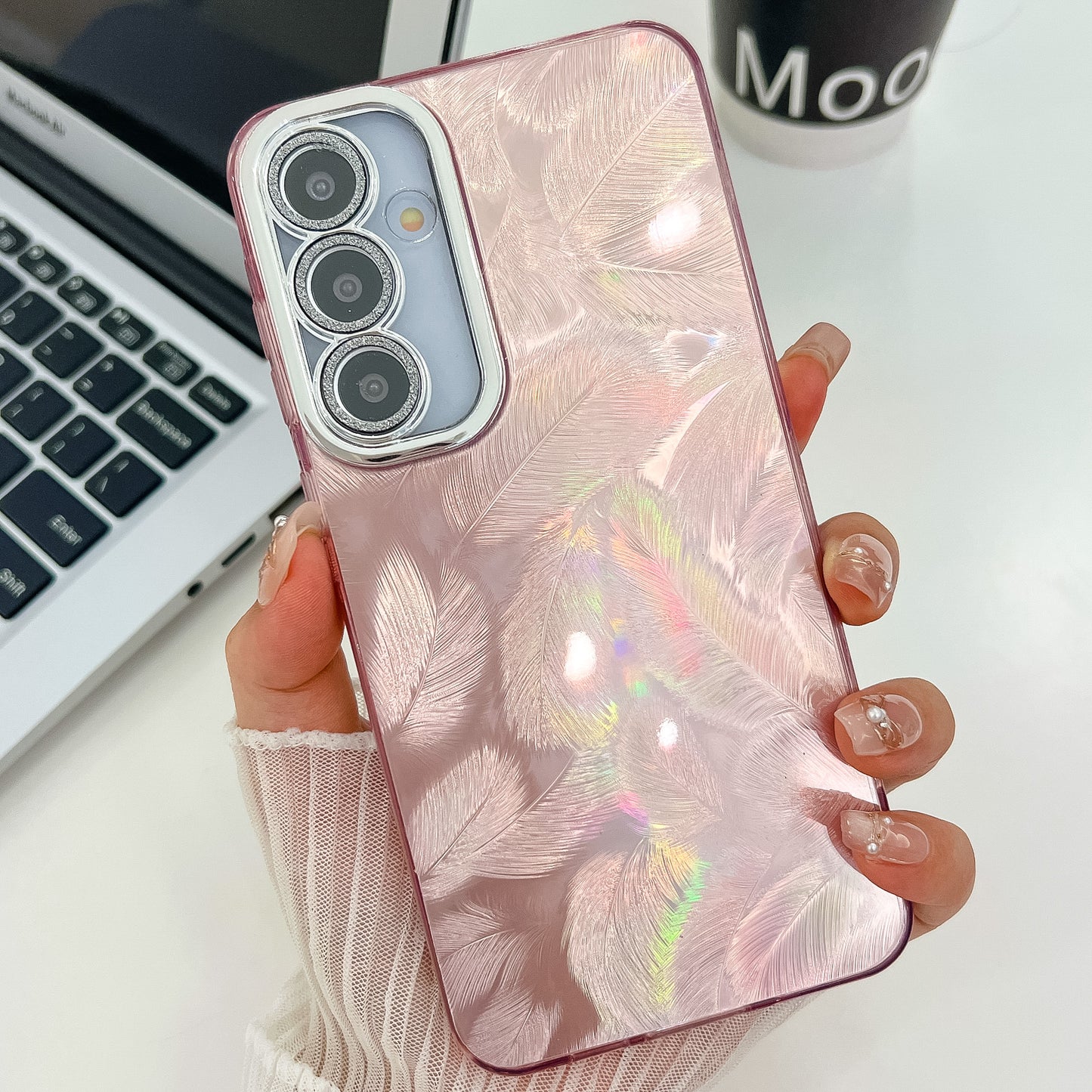 For Samsung Galaxy A16 4G / 5G Case IMD Design Shockproof PC+TPU Phone Cover with Glass Lens Film - Feather Pattern / Pink