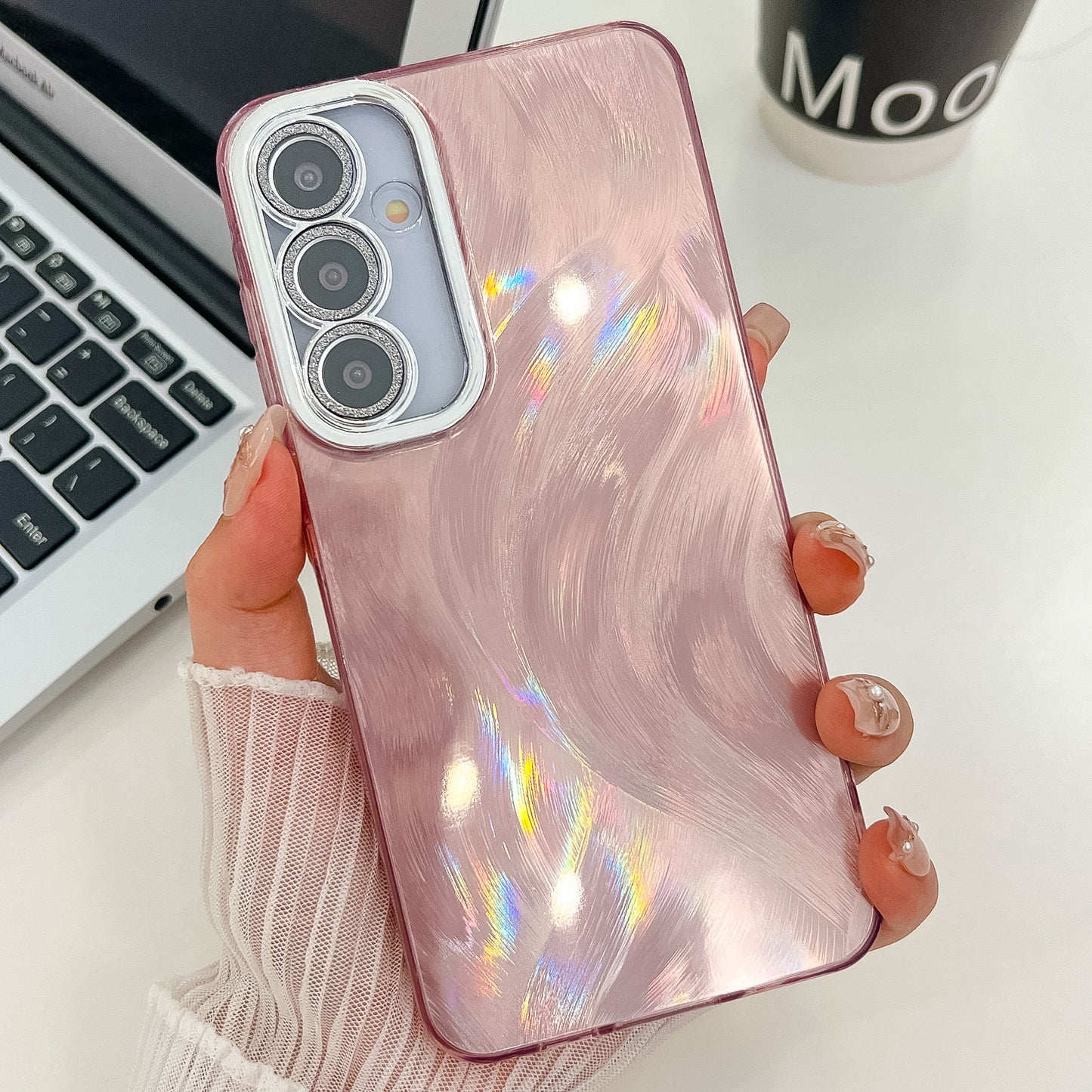 For Samsung Galaxy A16 4G / 5G Case IMD Design Shockproof PC+TPU Phone Cover with Glass Lens Film - Feather Yarn Pattern / Pink