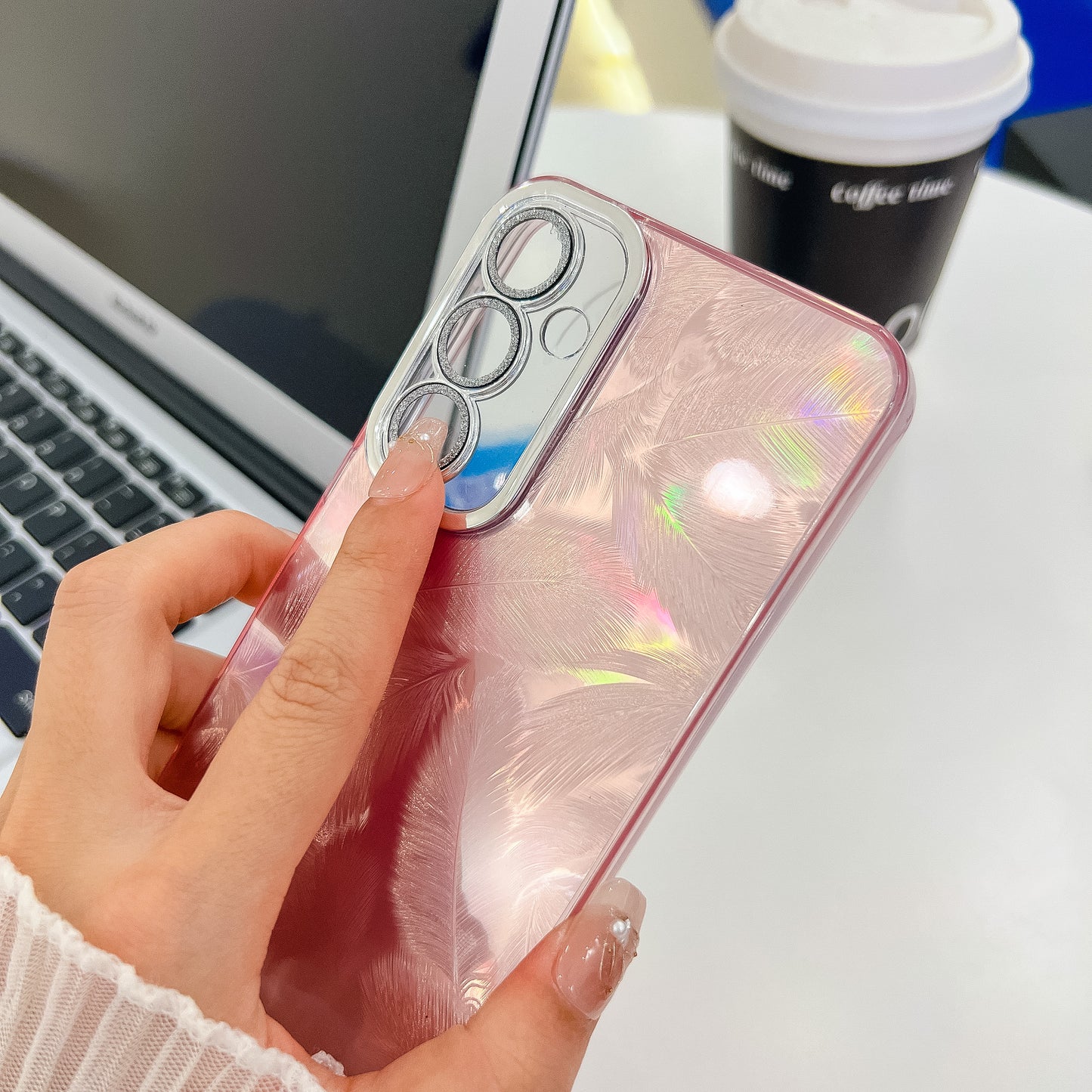 For Samsung Galaxy A16 4G / 5G Case IMD Design Shockproof PC+TPU Phone Cover with Glass Lens Film - Feather Yarn Pattern / Pink