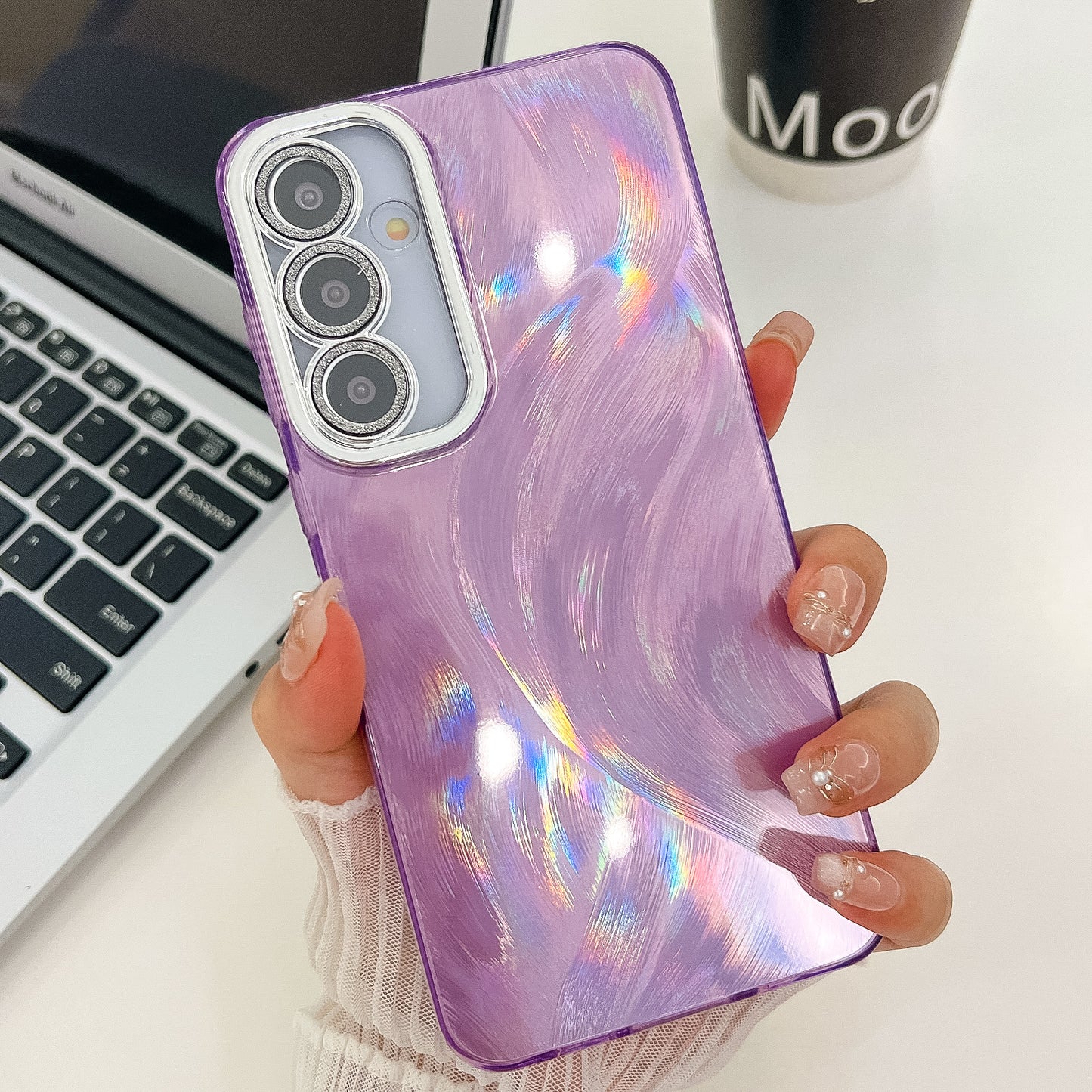 For Samsung Galaxy A16 4G / 5G Case IMD Design Shockproof PC+TPU Phone Cover with Glass Lens Film - Feather Yarn Pattern / Purple