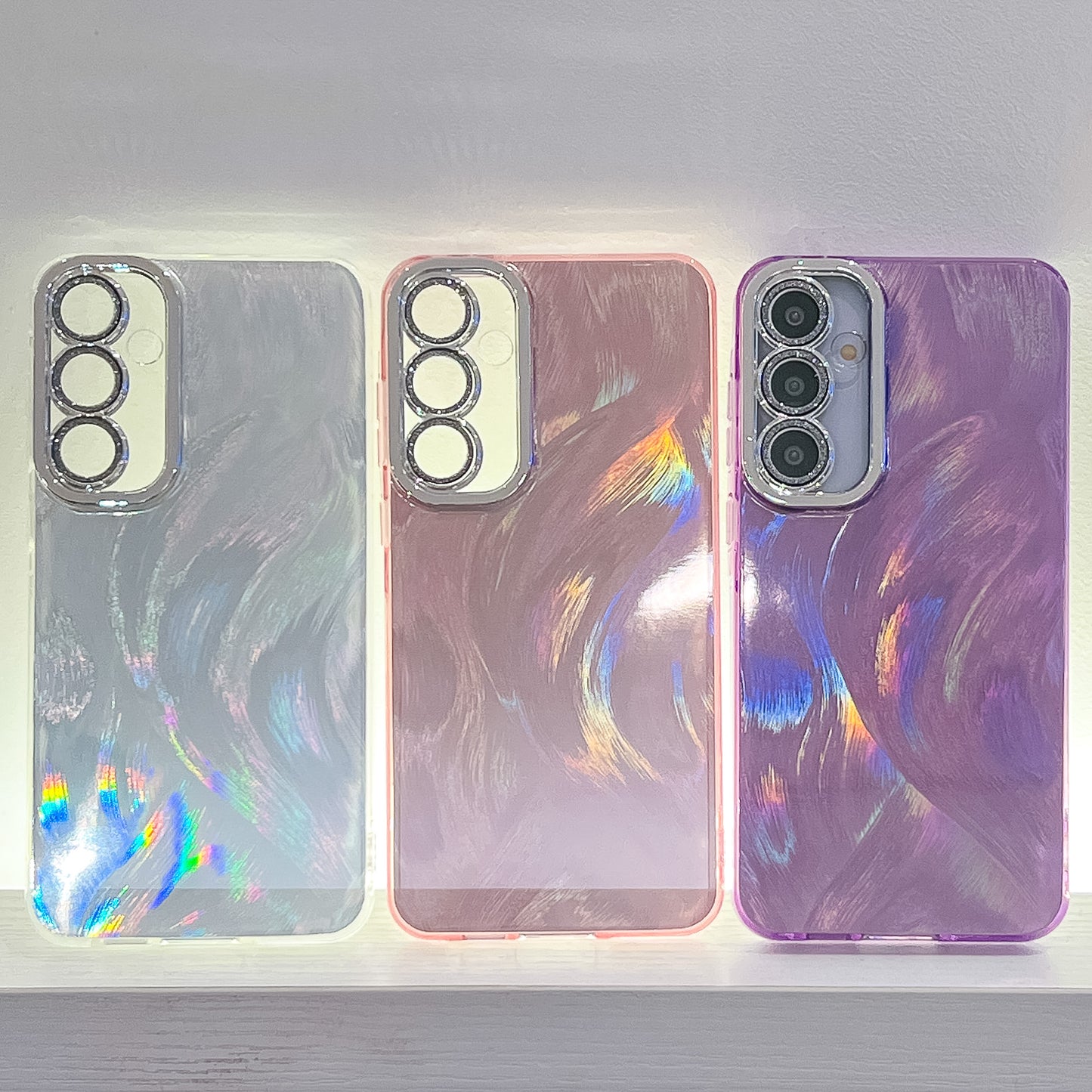 For Samsung Galaxy A16 4G / 5G Case IMD Design Shockproof PC+TPU Phone Cover with Glass Lens Film - Feather Yarn Pattern / Purple