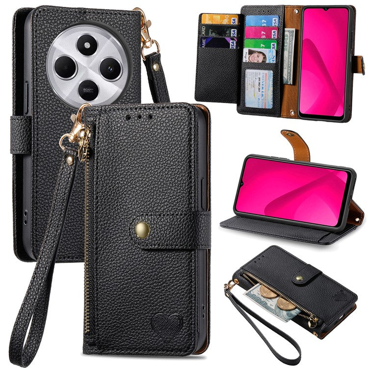 For Xiaomi Poco C75 4G / Redmi 14R 5G / 14C 4G Case RFID Blocking Zipper Pocket Leather Wallet Phone Cover - Black