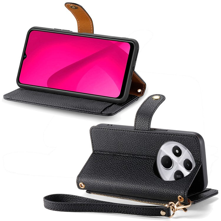 For Xiaomi Poco C75 4G / Redmi 14R 5G / 14C 4G Case RFID Blocking Zipper Pocket Leather Wallet Phone Cover - Black