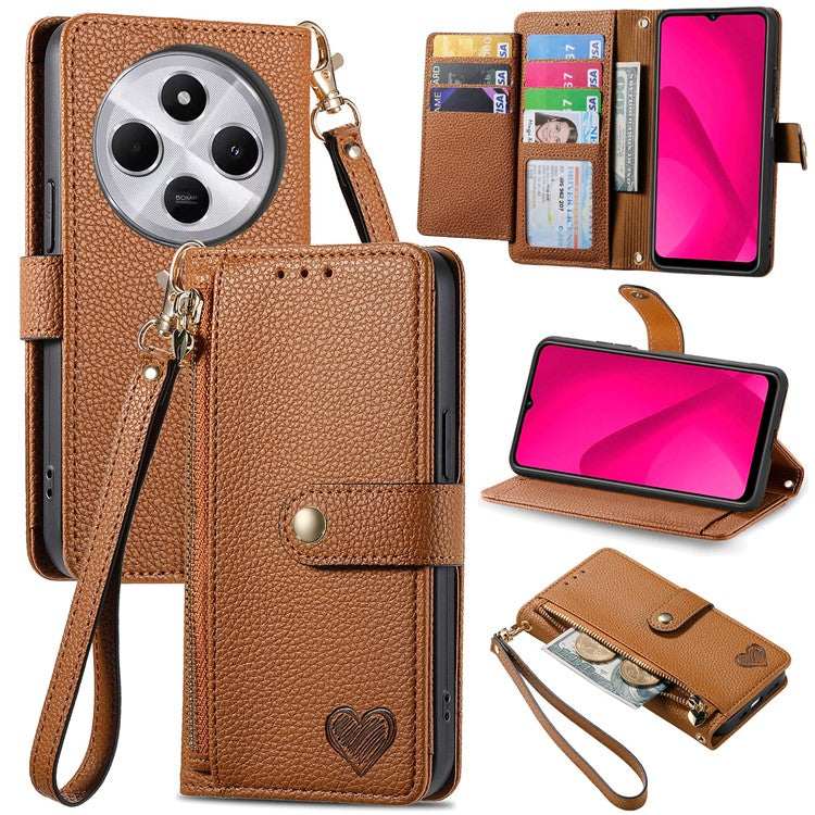 For Xiaomi Poco C75 4G / Redmi 14R 5G / 14C 4G Case RFID Blocking Zipper Pocket Leather Wallet Phone Cover - Brown