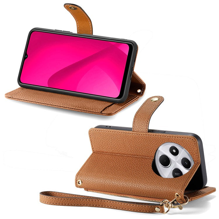 For Xiaomi Poco C75 4G / Redmi 14R 5G / 14C 4G Case RFID Blocking Zipper Pocket Leather Wallet Phone Cover - Brown