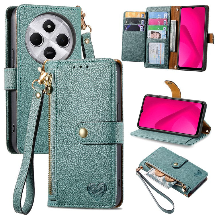 For Xiaomi Poco C75 4G / Redmi 14R 5G / 14C 4G Case RFID Blocking Zipper Pocket Leather Wallet Phone Cover - Green