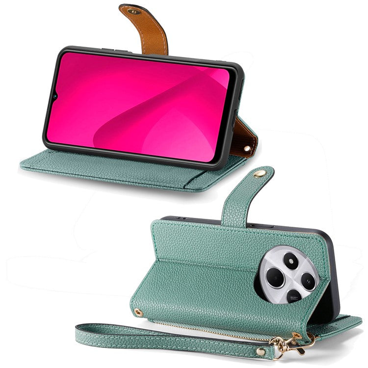 For Xiaomi Poco C75 4G / Redmi 14R 5G / 14C 4G Case RFID Blocking Zipper Pocket Leather Wallet Phone Cover - Green