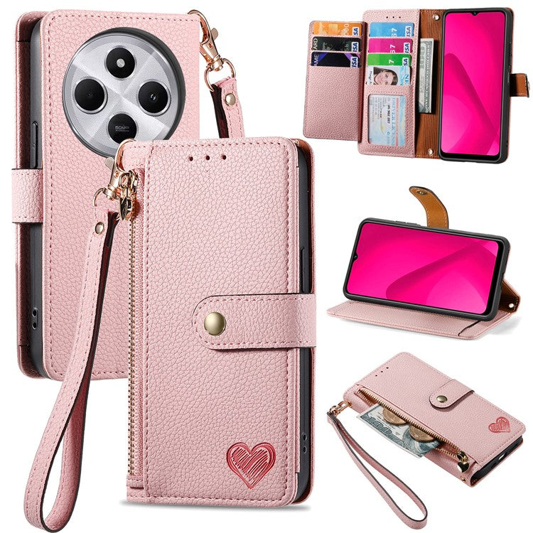 For Xiaomi Poco C75 4G / Redmi 14R 5G / 14C 4G Case RFID Blocking Zipper Pocket Leather Wallet Phone Cover - Pink