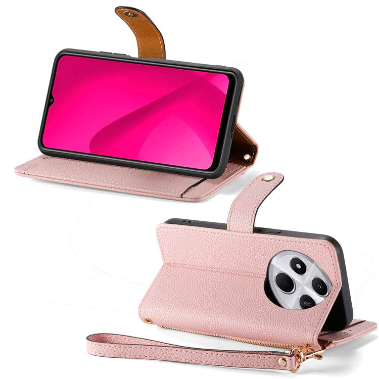 For Xiaomi Poco C75 4G / Redmi 14R 5G / 14C 4G Case RFID Blocking Zipper Pocket Leather Wallet Phone Cover - Pink