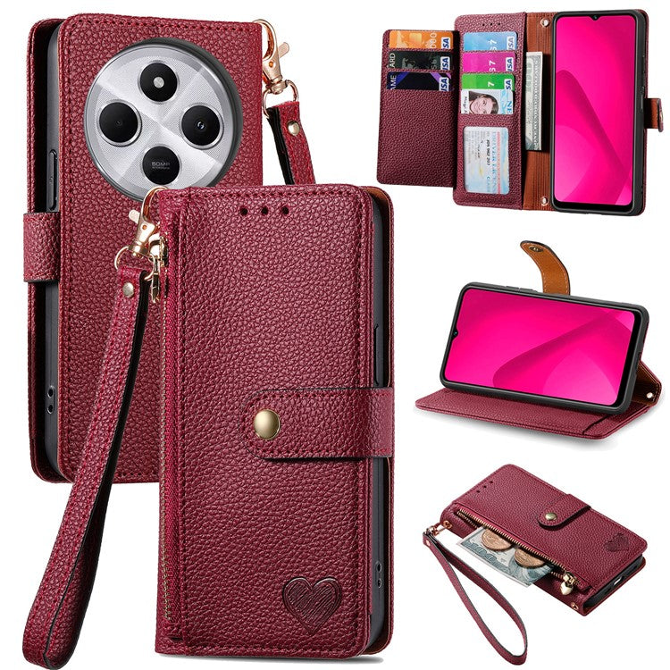 For Xiaomi Poco C75 4G / Redmi 14R 5G / 14C 4G Case RFID Blocking Zipper Pocket Leather Wallet Phone Cover - Red