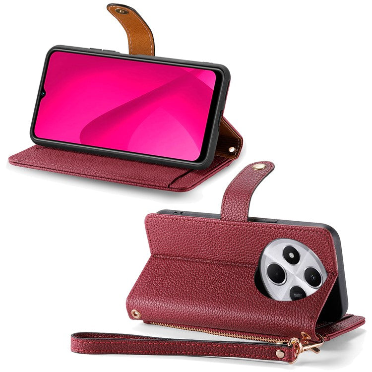 For Xiaomi Poco C75 4G / Redmi 14R 5G / 14C 4G Case RFID Blocking Zipper Pocket Leather Wallet Phone Cover - Red