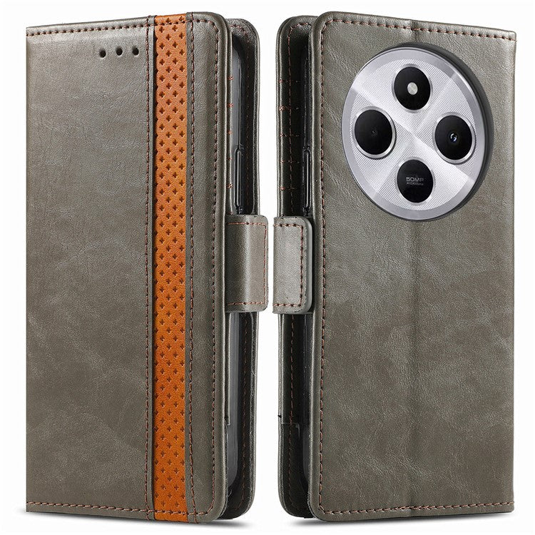 CASENEO 002 Series Splicing Phone Case For Xiaomi Redmi 14C 4G / 14R 5G / Poco C75 4G Stand Wallet PU Leather Cover - Grey