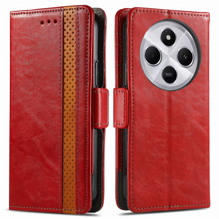 CASENEO 002 Series Splicing Phone Case For Xiaomi Redmi 14C 4G / 14R 5G / Poco C75 4G Stand Wallet PU Leather Cover - Red