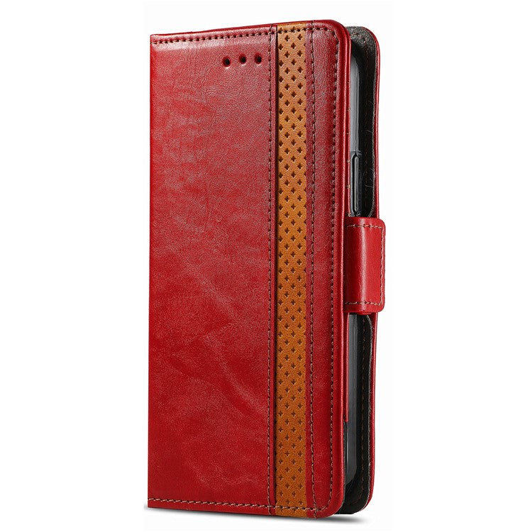 CASENEO 002 Series Splicing Phone Case For Xiaomi Redmi 14C 4G / 14R 5G / Poco C75 4G Stand Wallet PU Leather Cover - Red