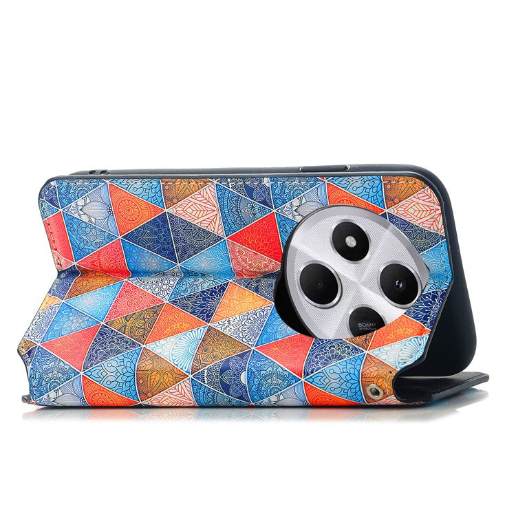 CASENEO RFID Blocking Phone Case For Xiaomi Redmi 14C 4G / 14R 5G / Poco C75 4G Wallet Leather Cover Pattern Print - Rhombus / Mandala