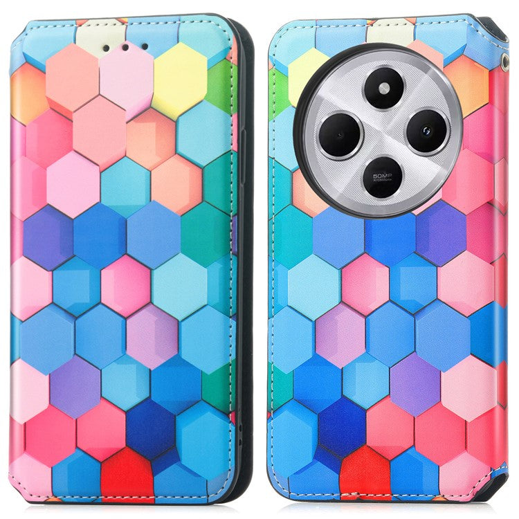 CASENEO RFID Blocking Phone Case For Xiaomi Redmi 14C 4G / 14R 5G / Poco C75 4G Wallet Leather Cover Pattern Print - Colorful Honeycomb