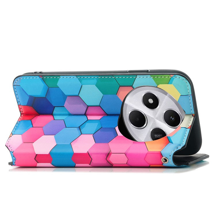 CASENEO RFID Blocking Phone Case For Xiaomi Redmi 14C 4G / 14R 5G / Poco C75 4G Wallet Leather Cover Pattern Print - Colorful Honeycomb