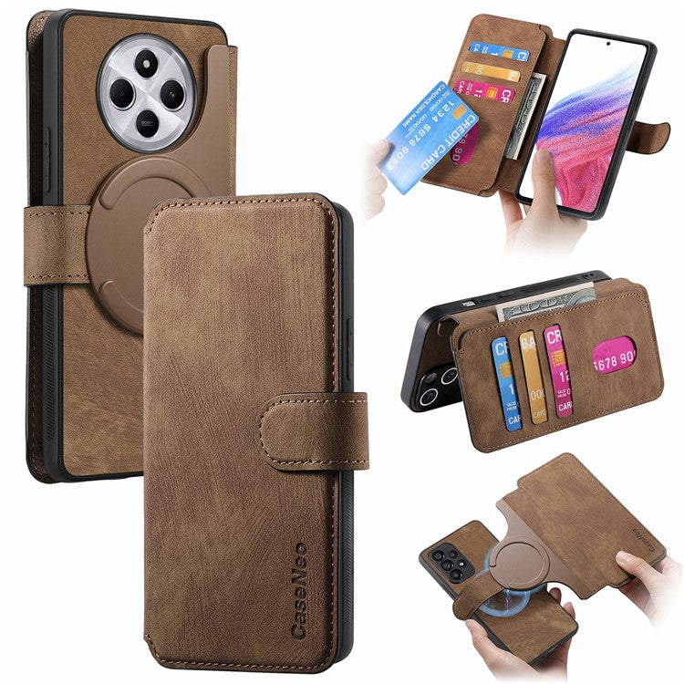CASENEO MW-03 Phone Case For Xiaomi Redmi 14C 4G / 14R 5G / Poco C75 4G Leather+TPU Phone Cover with Detachable Wallet - Brown