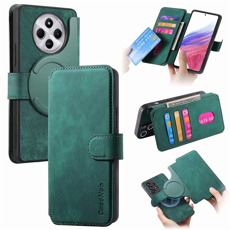 CASENEO MW-03 Phone Case For Xiaomi Redmi 14C 4G / 14R 5G / Poco C75 4G Leather+TPU Phone Cover with Detachable Wallet - Green
