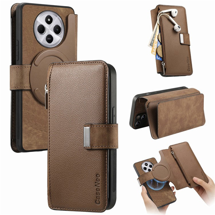 CASENEO MW-02 Phone Case For Xiaomi Redmi 14C 4G / 14R 5G / Poco C75 4G Detachable Magnetic Leather Flip Phone Cover - Brown