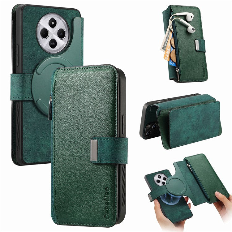 CASENEO MW-02 Phone Case For Xiaomi Redmi 14C 4G / 14R 5G / Poco C75 4G Detachable Magnetic Leather Flip Phone Cover - Green