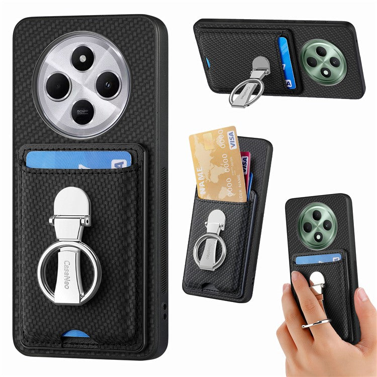 CASENEO C1-9 Phone Case For Xiaomi Redmi 14C 4G / 14R 5G / Poco C75 4G Carbon Fiber Texture Leather Back Cover with Card Slots Kickstand - Black