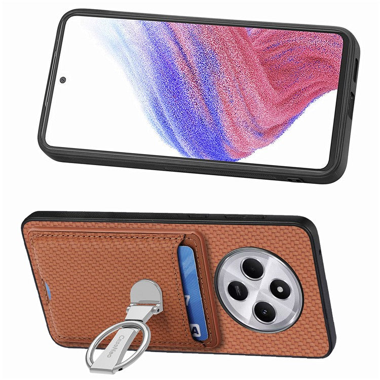 CASENEO C1-9 Phone Case For Xiaomi Redmi 14C 4G / 14R 5G / Poco C75 4G Carbon Fiber Texture Leather Back Cover with Card Slots Kickstand - Brown